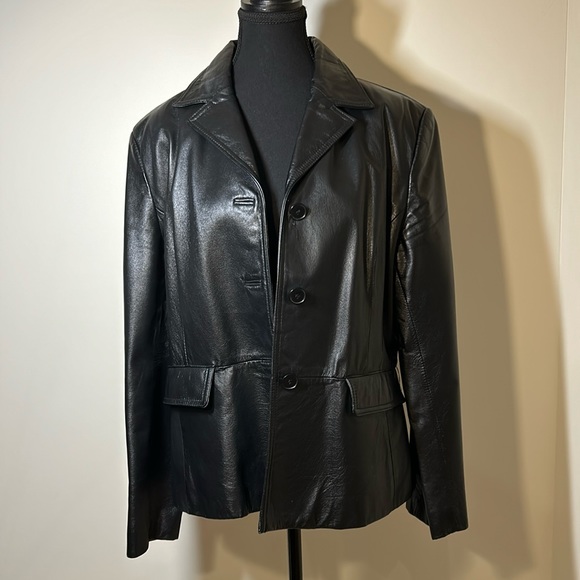 COPY - Danier Ladies Black Leather Jacket, buttons down the front, 2 pockets. - Picture 1 of 14